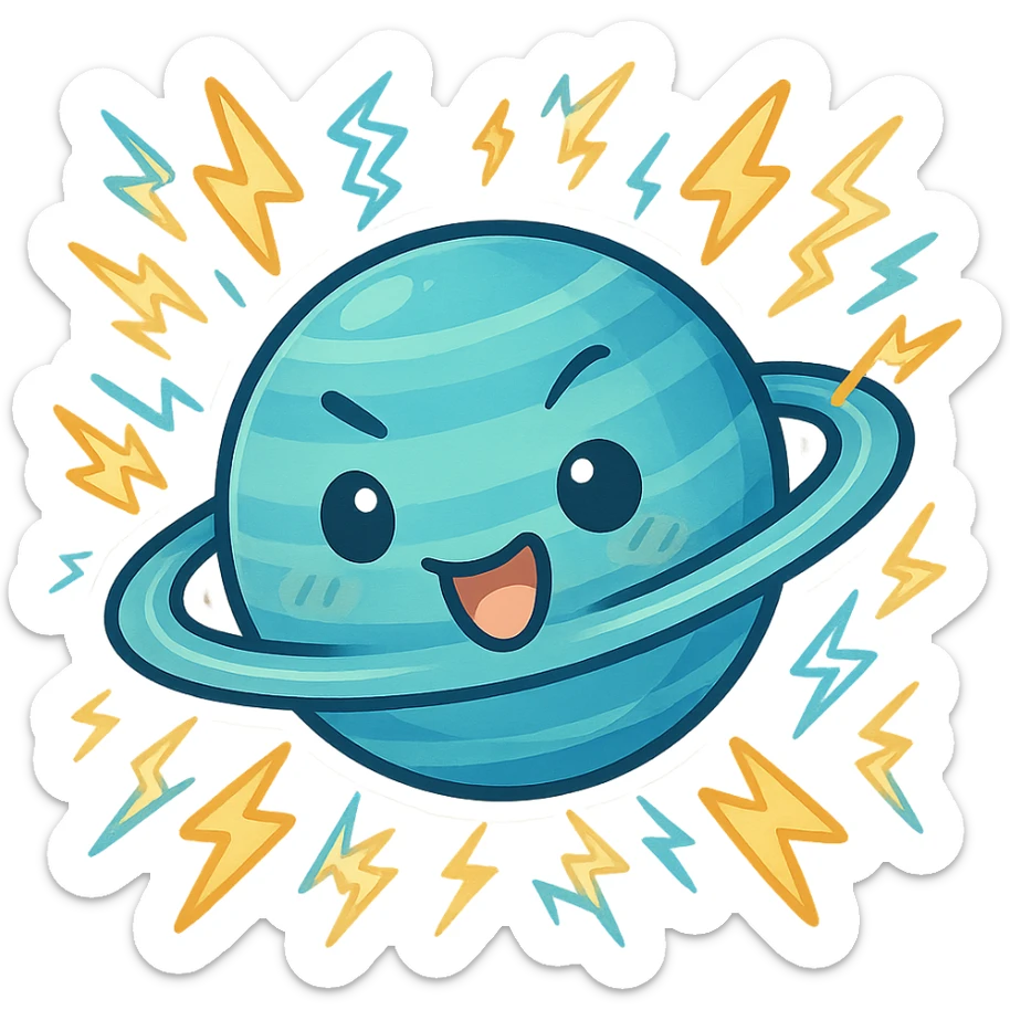 Uranus planet emoji with a quirky face, blue-green hues, dynamic rings, electric sparks and lightning, embodying chaos and sudden change sticker