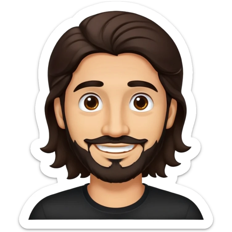 Hombre latino piel canela, cara redonda-ancha, scruff sin barba completa, cejas gruesas, pelo oscuro ondulado flat largo hasta el cuello. Sonrisa amplia, expresión alegre. Camisa negra. Size large.  sticker