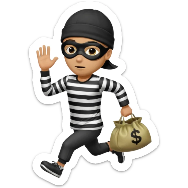running robber wears black eye mask, black beanies and black and white stibes shirt with one brown money bag beside him sticker