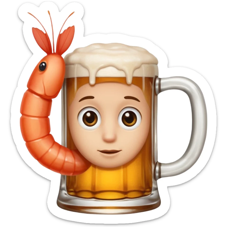 Genérame un camarón con su tarro en mano de cerveza moderna, asomándose por un costado con cara de curiosidad  sticker