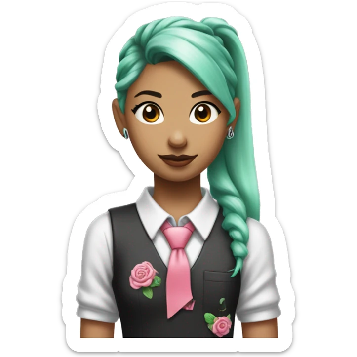 a girl with long mint colored twin ponytail wearing a sleeveless silver shirt, a mint colored tie, and a black flared arm sleeve with a red 01 tattoo on her left arm has a pink square with a black border running through each ponytail sticker