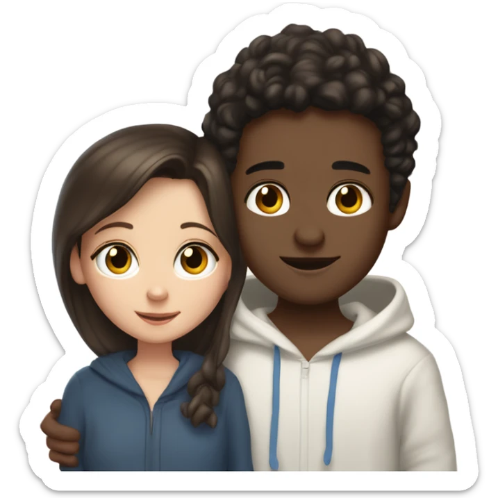 A light brunette girl with brunette eyes who is approximately 5,2 with a black hoodie and pijamas hugging a blue eyed light brunette boy with freckles wearing pijamas and a white hoodie sticker