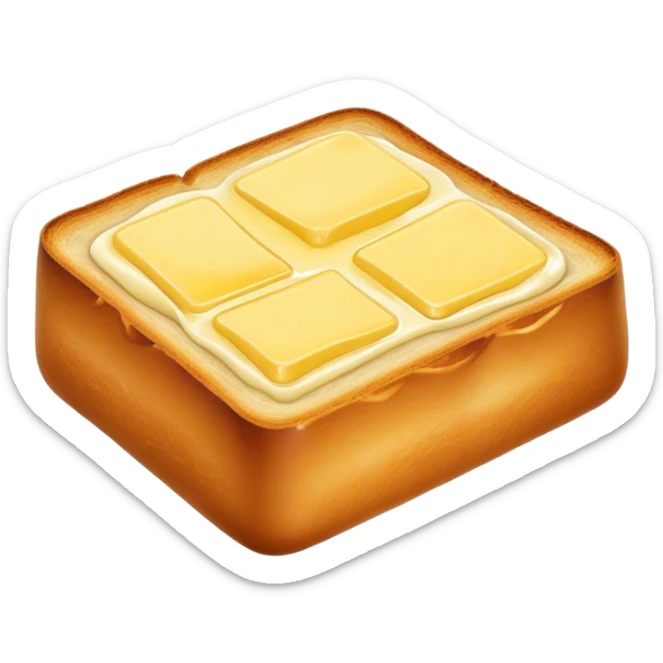 Cinematic warm toasted bread, golden-brown edges, butter melting into the surface, slightly crispy texture, simple and comforting, warm glowing background, inviting and homely. sticker