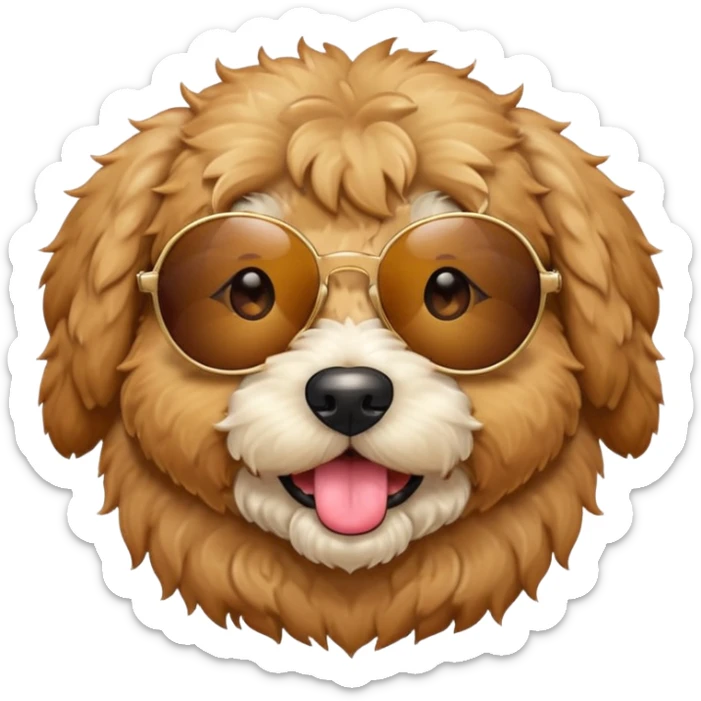 Create a  circle mini golden doodle dog with brown eyes tan fur emoji  sticking its tongue out with sunglasses on sticker