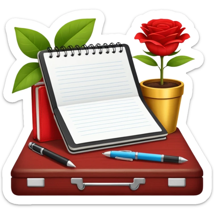 un letrero que diga VACACIONES y detrás un escritorio moderno, con una notebook, una agenda y una planta con una flor sticker