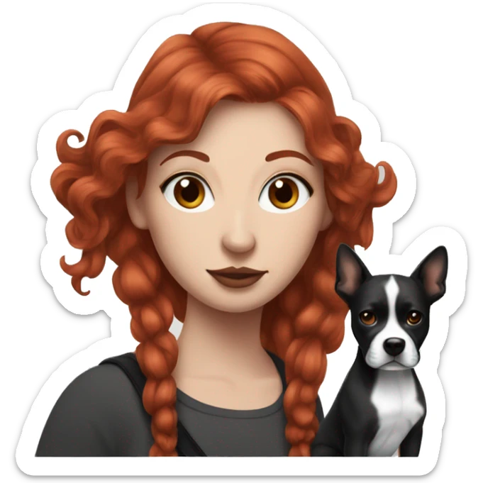 Long Red haired woman with septum piercing holding black and white English Staffordshire dog sticker