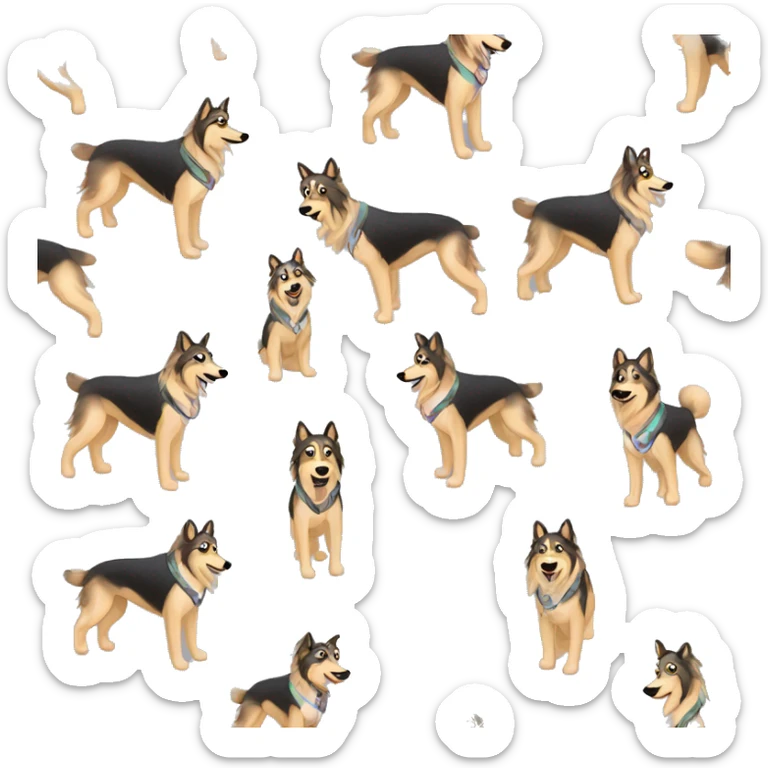 Fluffy dog saluki German shepherd husky with tattoos and holographic harness running sticker