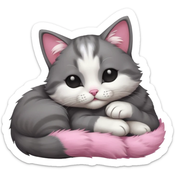 dark grey and white small cat with eyes closed, leaning his head on his paw while leaning on his elbow lying down sticker