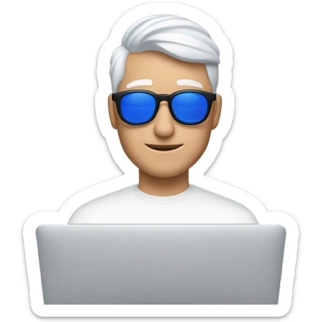 Create a white male with blue light glasses in front of a MacBook with AirPods Max on and a backwards ha sticker