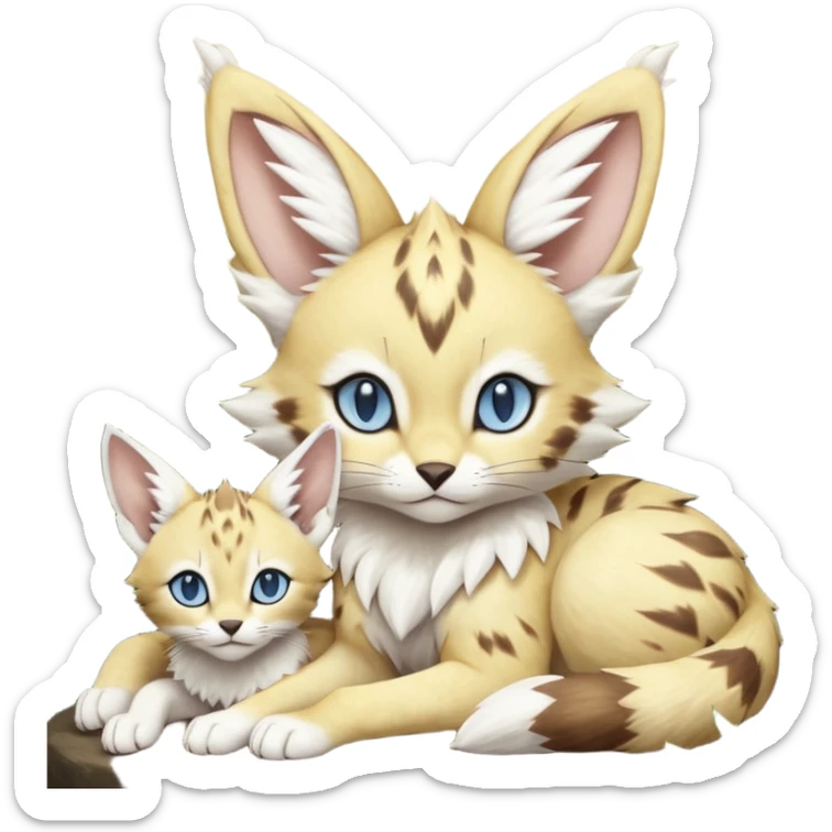 Albino-white, blue-eyed soft natural realistic romantic vintage antique divine beautiful elegant pretty precious cute young youthful  Fakémon-Pokémon-feline-Zeraora-Jolteon-serval-caracal-chinchilla-Minccino-Cinccino-Meowstic-rodent-hybrid-creature with a big fluffy bushy tail (full body) sticker