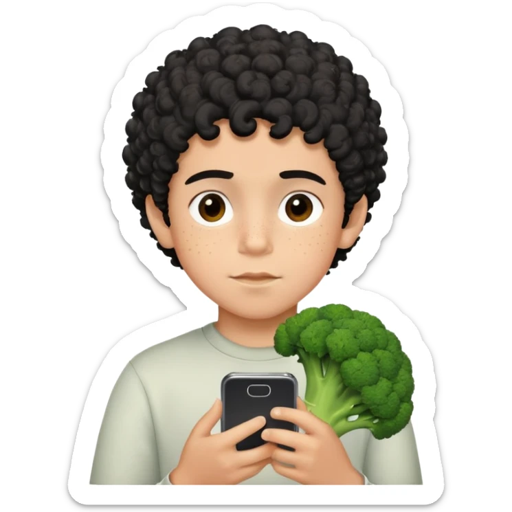 garcon de dix ou onze ans aux cheveux noirs bouclés style coiffure brocoli qui a des petites taches de rousseurs brunes et qui est toujours sur son telephone sticker