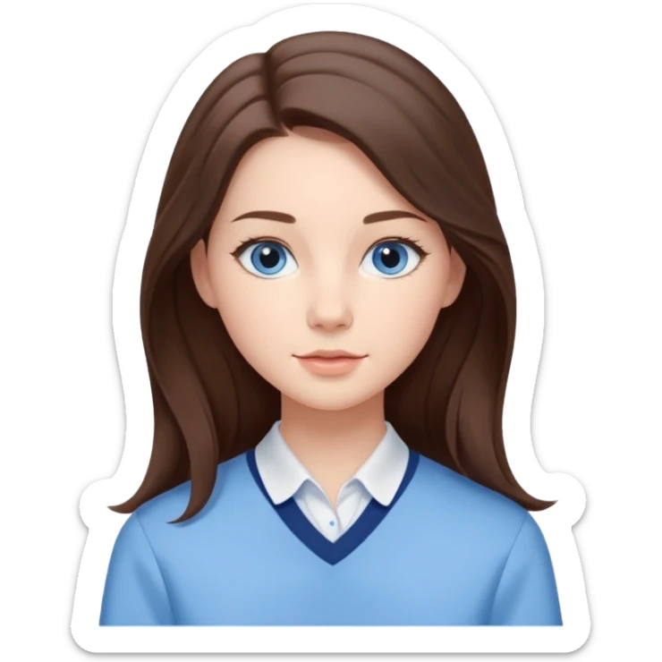 Realistic Student Portrait, with porcelain-like skin featuring a natural rosy flush, iHer Brunette Half-Up Style for Straight  hair flows in soft, Her deep blue eyes radiate warmth and innocence,  wear light blue preppy style. sticker