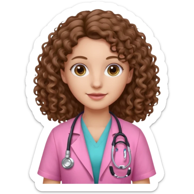 médica, cabelo castanho, pele branca, cabelo cacheado/ondulado, cabelo comprido, roupa rosa sticker