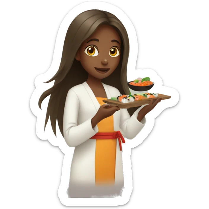 An ethiopian girl with long hair eating sushi sticker
