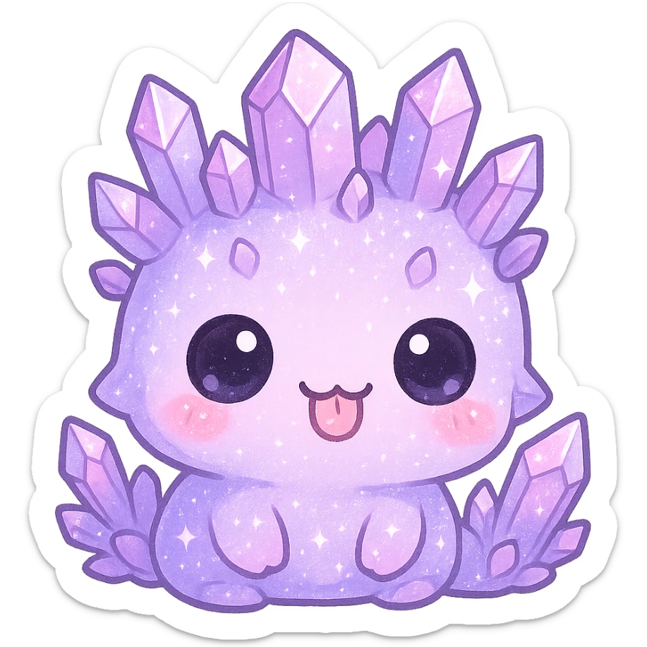 chibi kawaii crystal sprite creature, pastel purple and pink, sticking out tongue, glittery, cute and adorable sticker