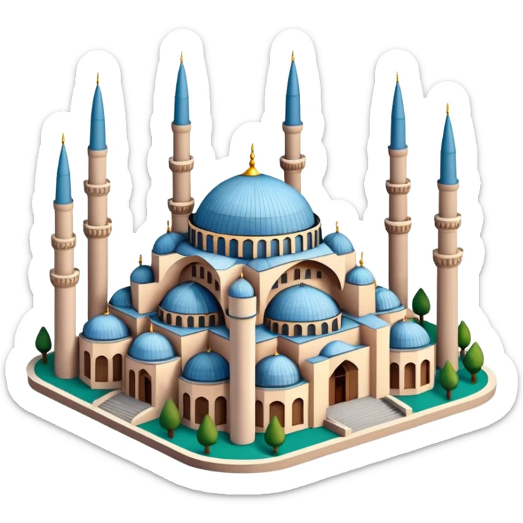 Isometric illustration of Istanbul, featuring Hagia Sophia with its large central dome and four tall minarets, paint photorealistic style sticker