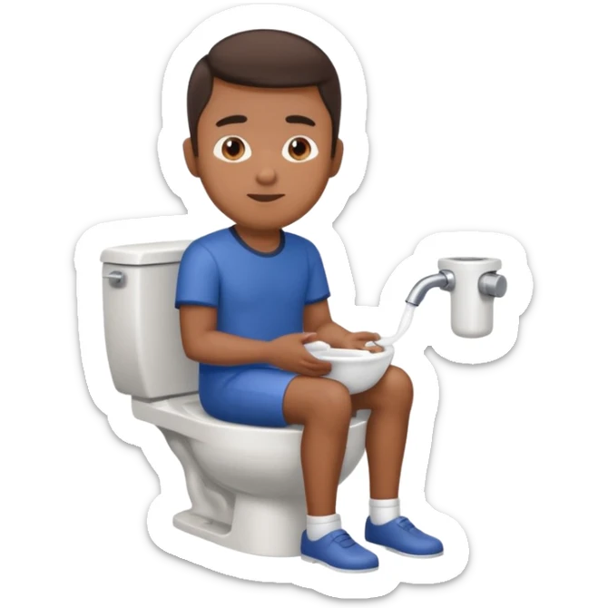 Filipino guy sitting on toilet with bidet sticker