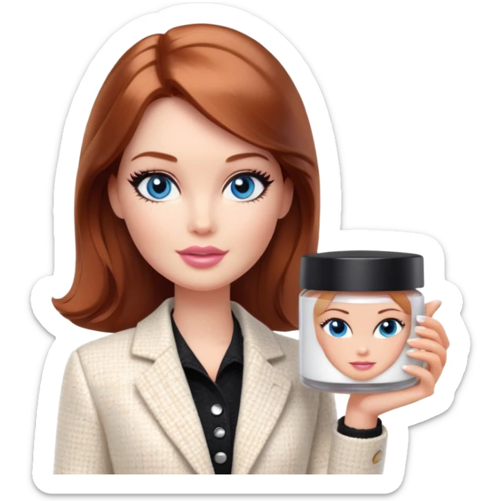 A Barbie girl with blue eyes, shoulder-length reddish-brown hair with makeup, wearing a white tweed jacket and a black skirt, holds pale beige body moisturizer cream pot sticker