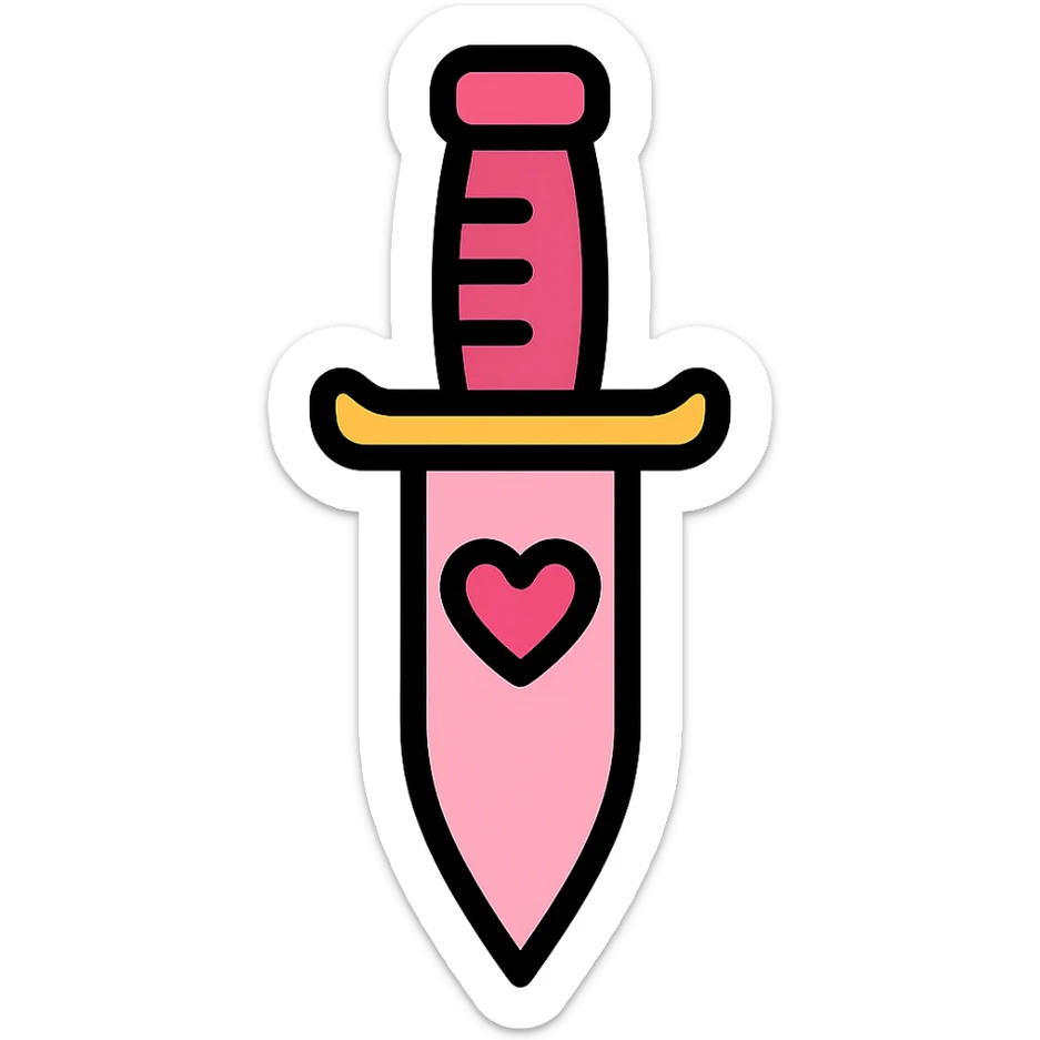 gothic knife pink with a heart motif, color outline icon style sticker