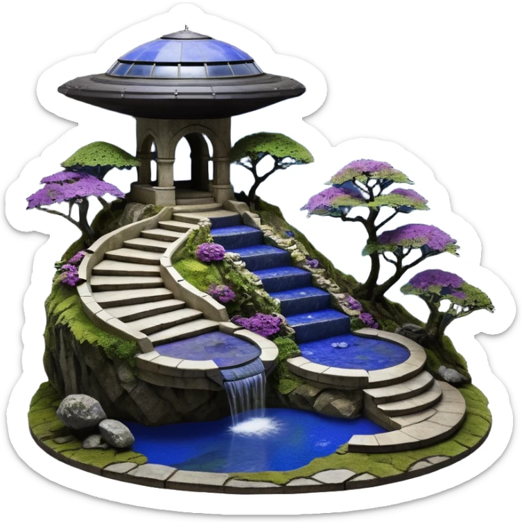 Crashed Alien saucer poolhouse jungle winding narrow stairway fountain lakeside mountainside -island getaway nighttime landscape antique mudman very old broken cracked intricate Stone Age lapis-crusted irregular dodecagon-shaped shallow dark moss rough bark violet serissa flowered maple tree bonsai sticker