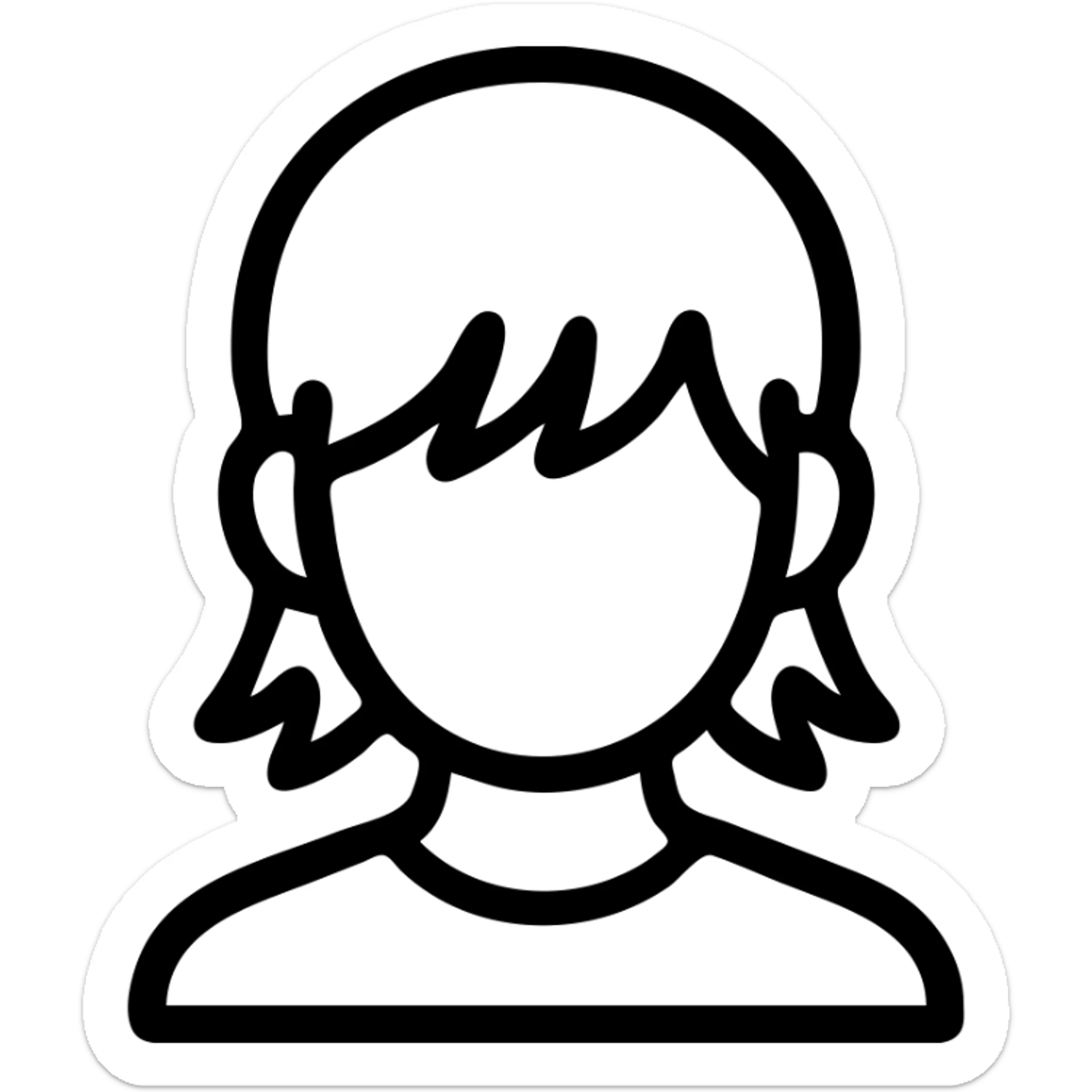 A boy with bangs covering his eyes, long hair sticking out at the back, and long side locks. He has brown eyes and dark brown hair, and is wearing a maroon t-shirt. sticker