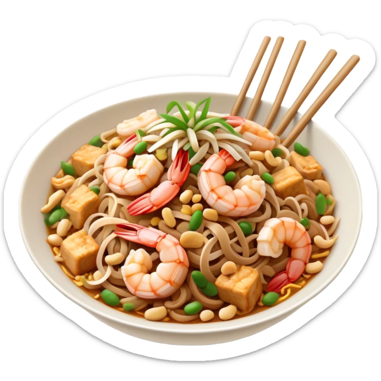 Cinematic Realistic Pad Thai Dish Emoji, depicted as stir-fried rice noodles with shrimp, tofu, peanuts, and bean sprouts rendered with vibrant textures and dynamic, appetizing lighting. sticker