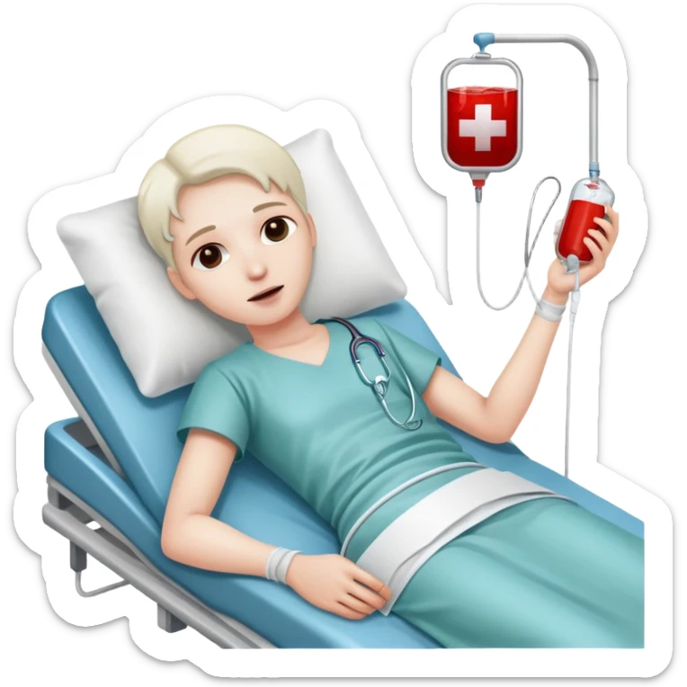 patient lying in a hospital bed with a blood bag connected to their arm sticker