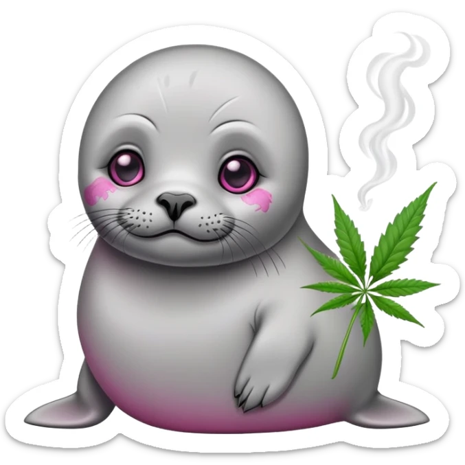 Grey slim baby seal Smoking cannabis weeds with pink eye looks tired sticker
