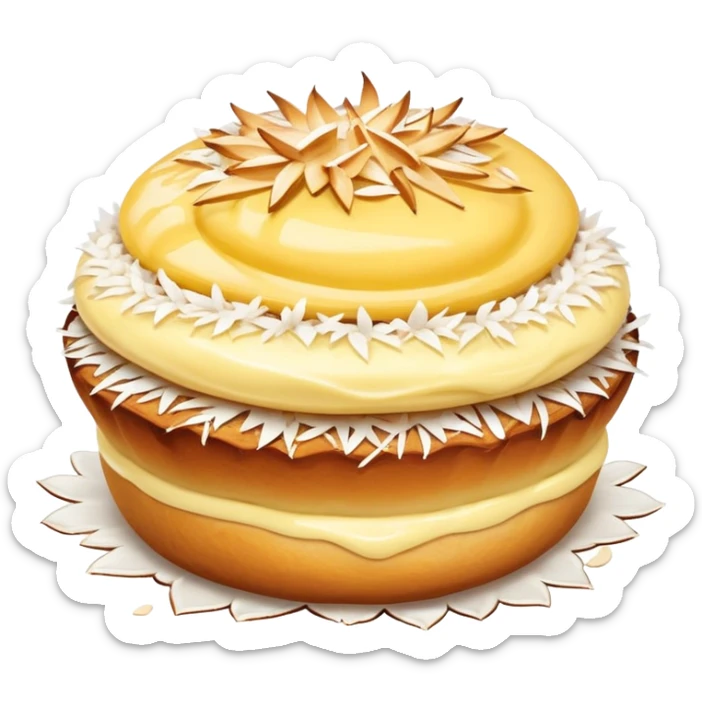 scandinavian skolebrød bun with vanilla custard in the middle and coconut flakes om the side sticker