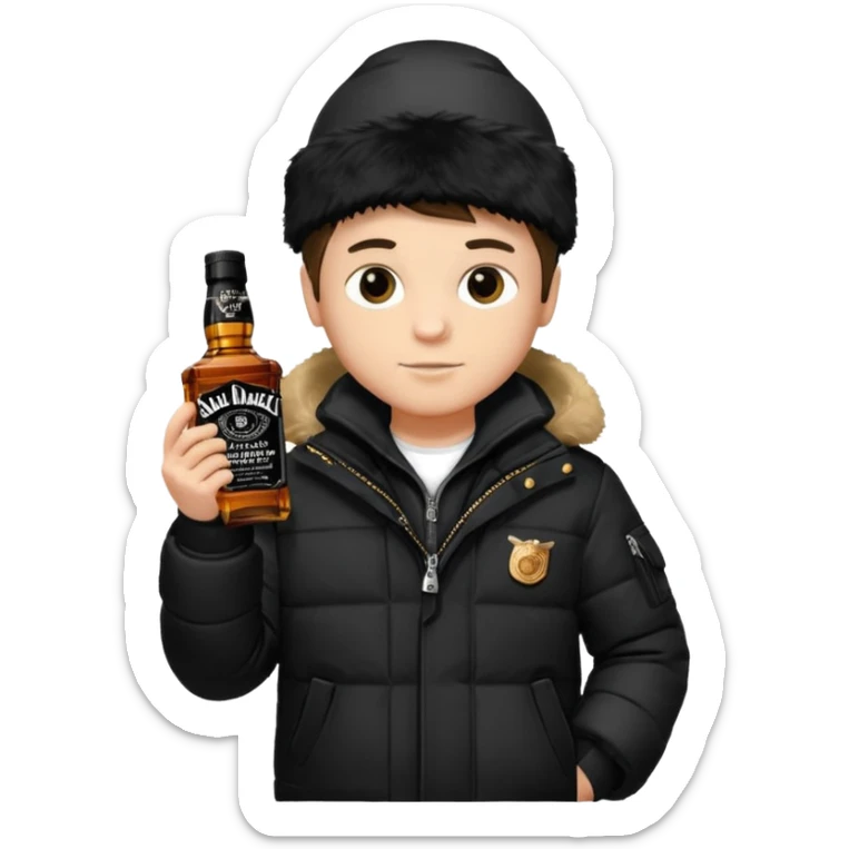 Junge mit Sturmhaube in der Rechten hand eine jacky flasche und schwarze winterjacke mit fell an der mütze 2 meter gross sticker