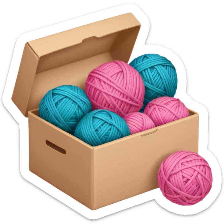 paper box with toys, ball of yarn, pink sticker