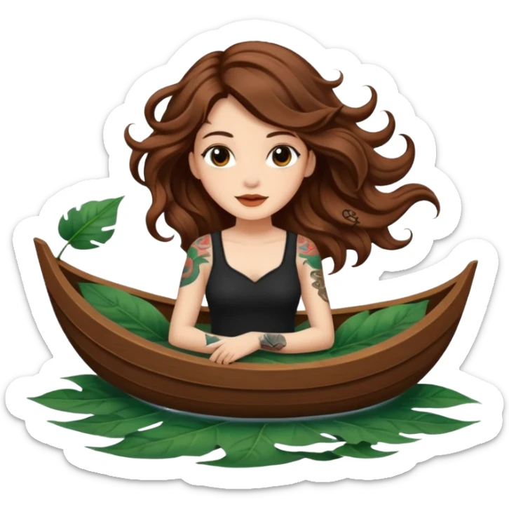 cute woman long wavy brown hair tattoos floating on leaf boat sticker