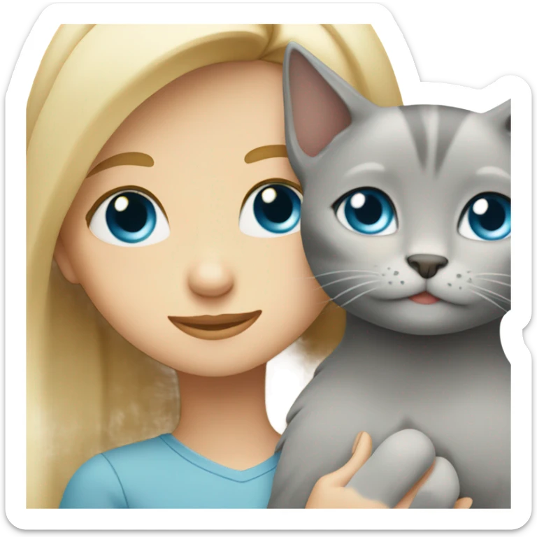 blonde girl with blue eyes hugs grey cat with brown eyes  sticker