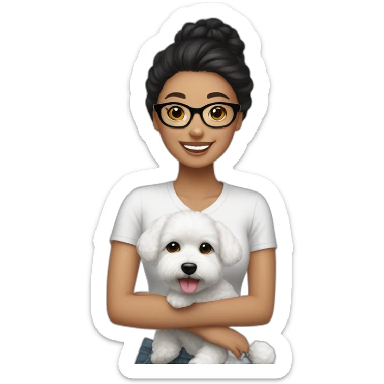 woman-black hair-bun-with glasses-with bichon dog-white-smile sticker