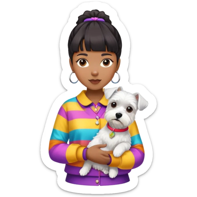 Black girl with short bangs holding a white schnauzer dog, colorful clothes sticker