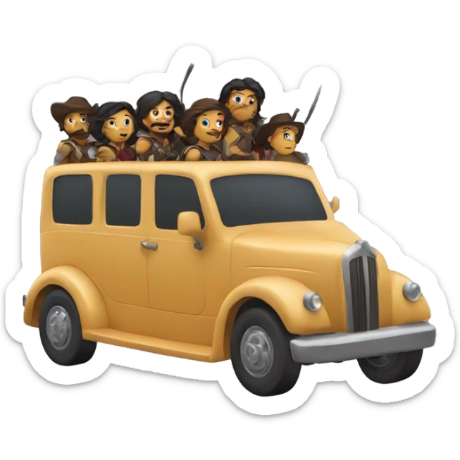 6 musketeers driving a semi, no weapons, racial mix, male & female sticker