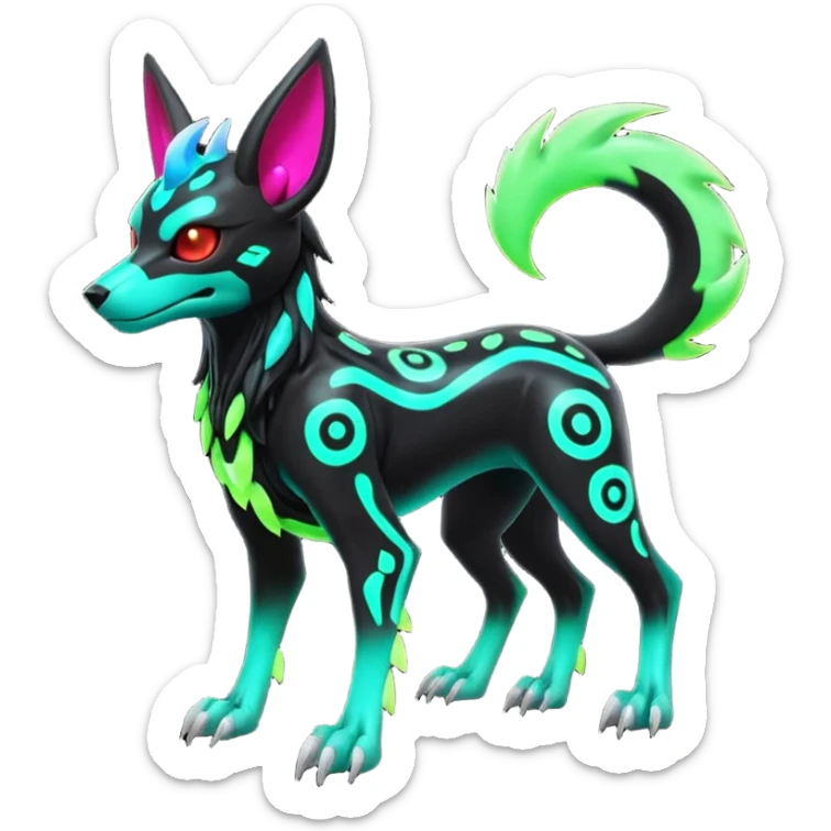 Hyper realistic slim horned skeletal black and neon green futuristic shiny colorful bioluminescent cyber-Poochyena-Zorua-Litten-Houndoom-Fakémon-Pokémon-Digimon-hybrid-fusion (full body) with a skull face sticker