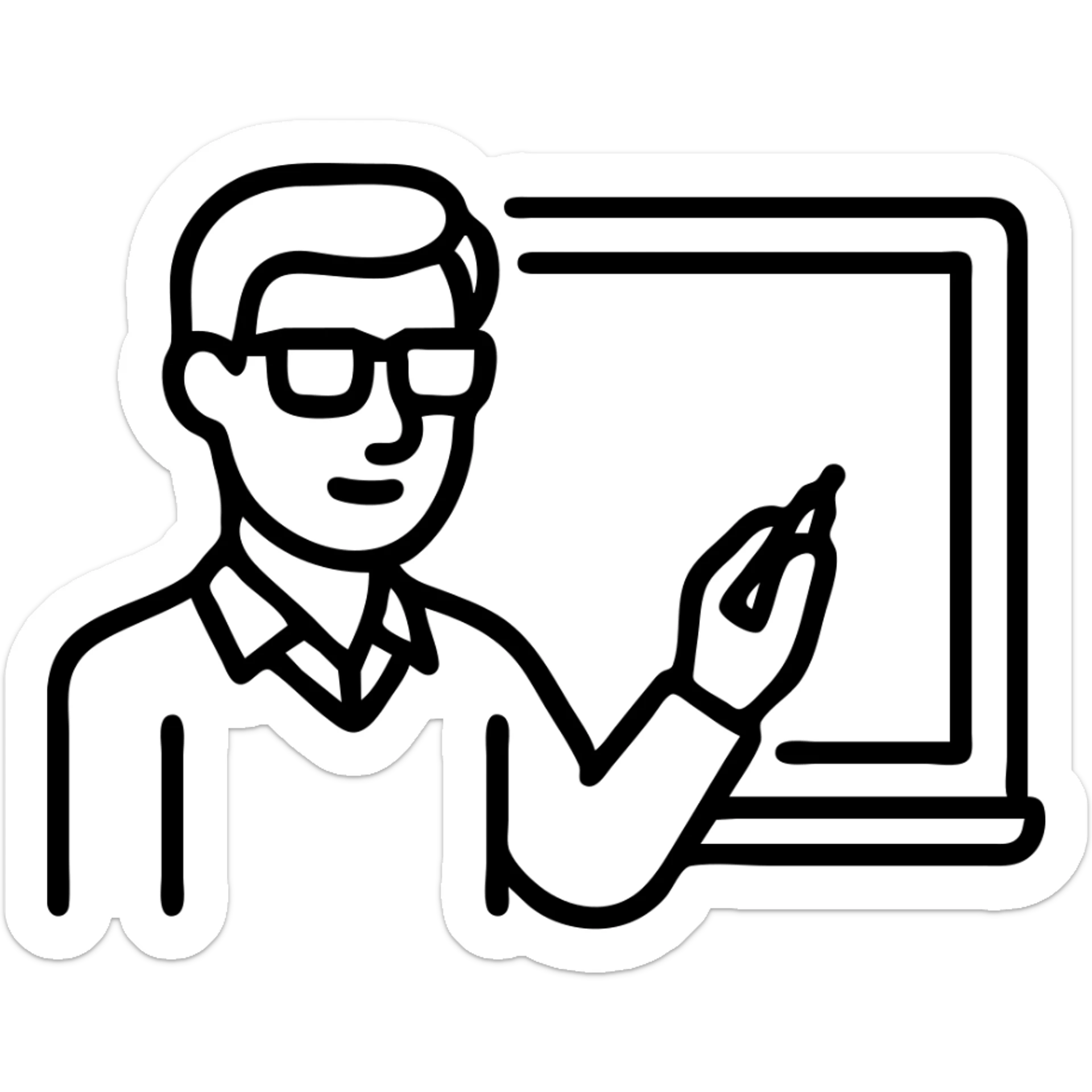 male teacher writing on a white board, glasses, neat hair, educational environment, icon style sticker