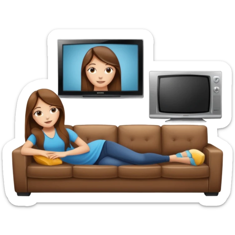 beautiful girl with long brown hair constructing new lounge room area with flat screen tv and couch sticker