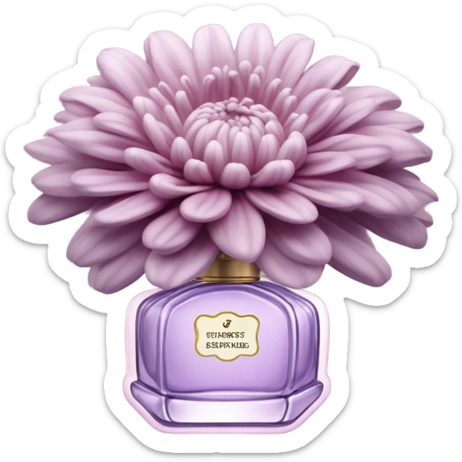 Aesthetic composition of pastel purple chrysanthemums and an antique pink perfume bottle. sticker