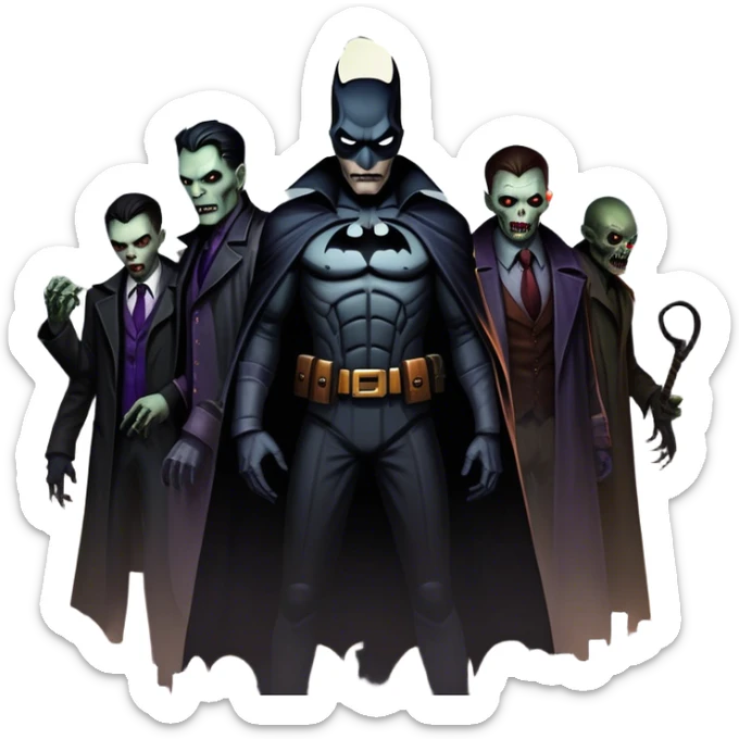 Icon for Thriller Movies: A large, dramatic collage featuring sinister villains and zombies in dark clothing. The background shows the gloomy cityscape of Gotham with dim lighting and eerie shadows. The atmosphere should be tense, mysterious, and suspenseful. Transparent background. sticker