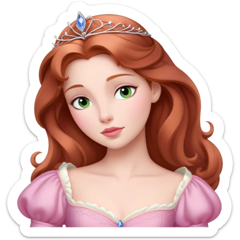 Cinematic Elegant Sleeping Beauty Portrait Emoji, rendered in a realistic, vector-style with minimal shading and bold, simplified shapes. Depict Aurora (Sleeping Beauty) (chest and above) with delicate porcelain skin, soft auburn hair styled gracefully, and gentle, dreamy eyes, dressed in her classic pink gown. The image glows with a soft, enchanting radiance and high shine, capturing timeless regal beauty. sticker