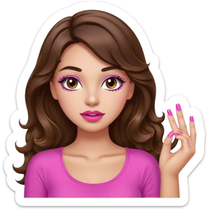 girl with long wavy brown hair, brown eyes, light to medium complexion, in a pink sexy top, pink lips, long lashes, puckered lips, showing my manicure sticker