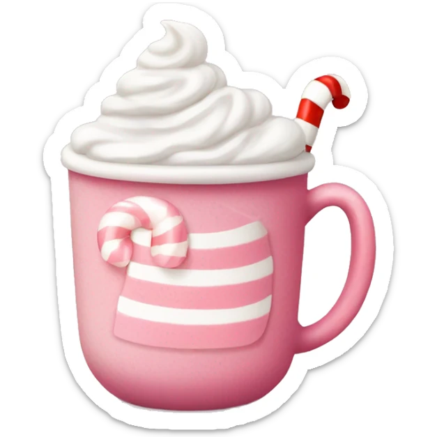 Pink hot cocoa mug with whipped cream and candy cane, cozy winter vibe sticker