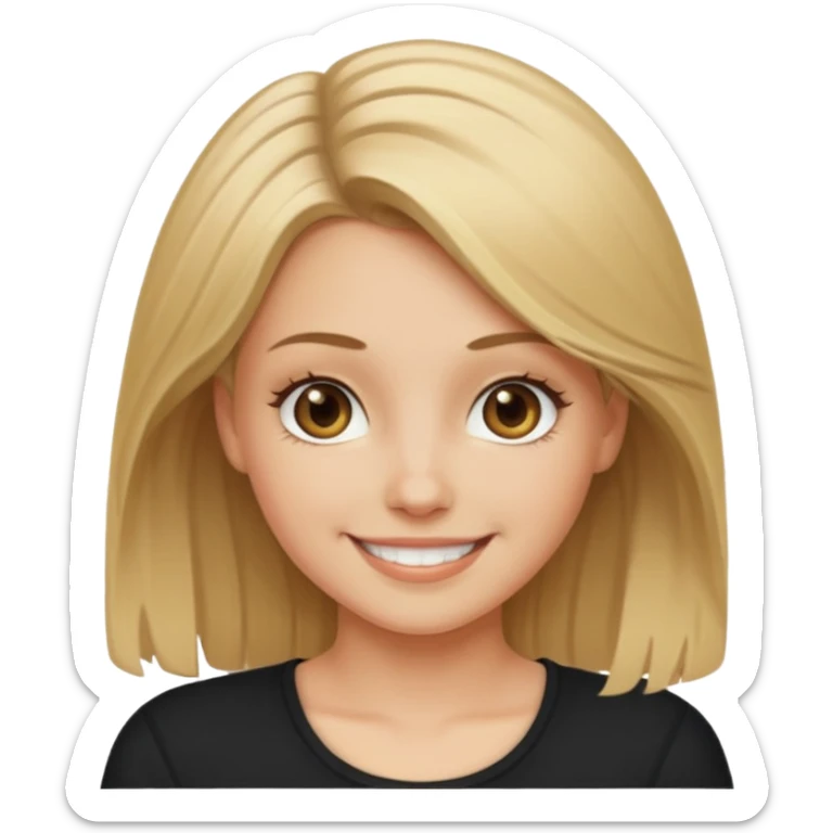 white girl with dirty blond hair, hazel eyes, black top, smiling sticker
