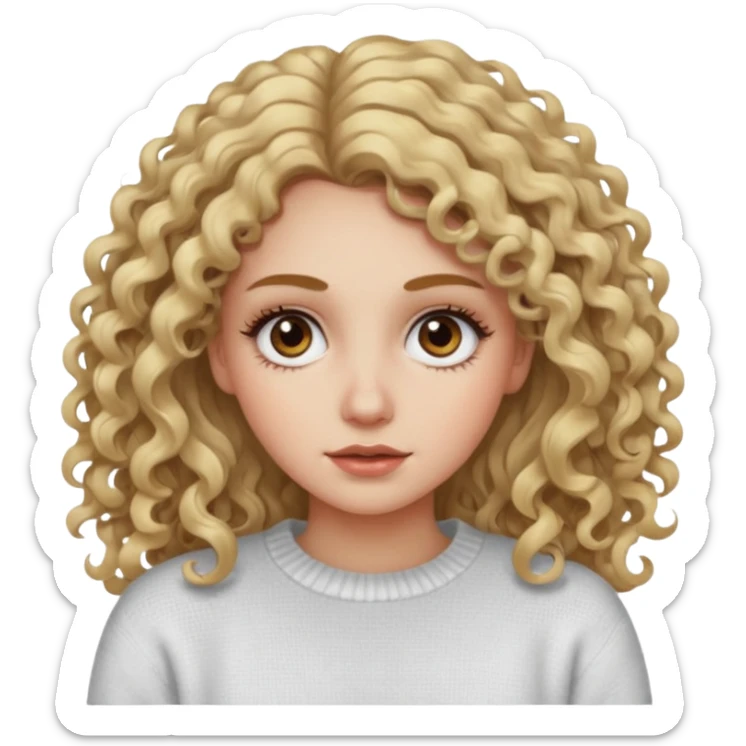 a dirty blonde girl with brown eyes and make her wearing a white sweater with curly hair and white skin color, long hair and big lashes sticker