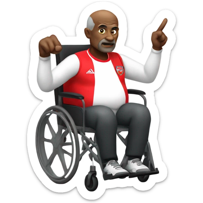 old black bald man with a round belly in wheelchair. angry face. grey stubble. he is pointing finger in front. wearing Arsenal soccer shirt. word bubble sticker