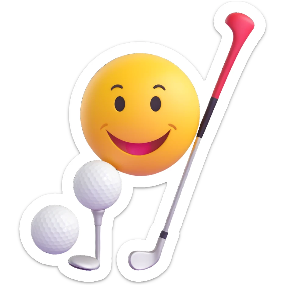 3D smiley emoji, round shape, with golf club and ball, sporty face sticker