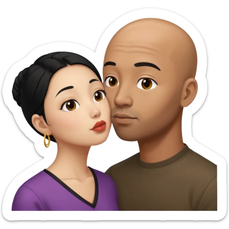 Bald black with small beard deeply kissing a short younger looking asain women with long black hair and nose ring sticker