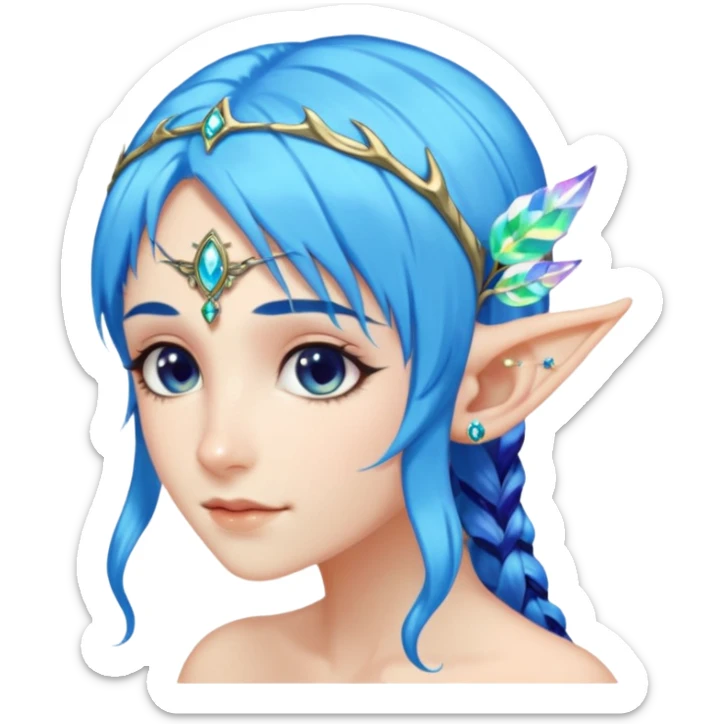 portrait of blue haired Elvish fae shiny sparkly iridescent translucent diaphanous ear climber ear cuff sticker